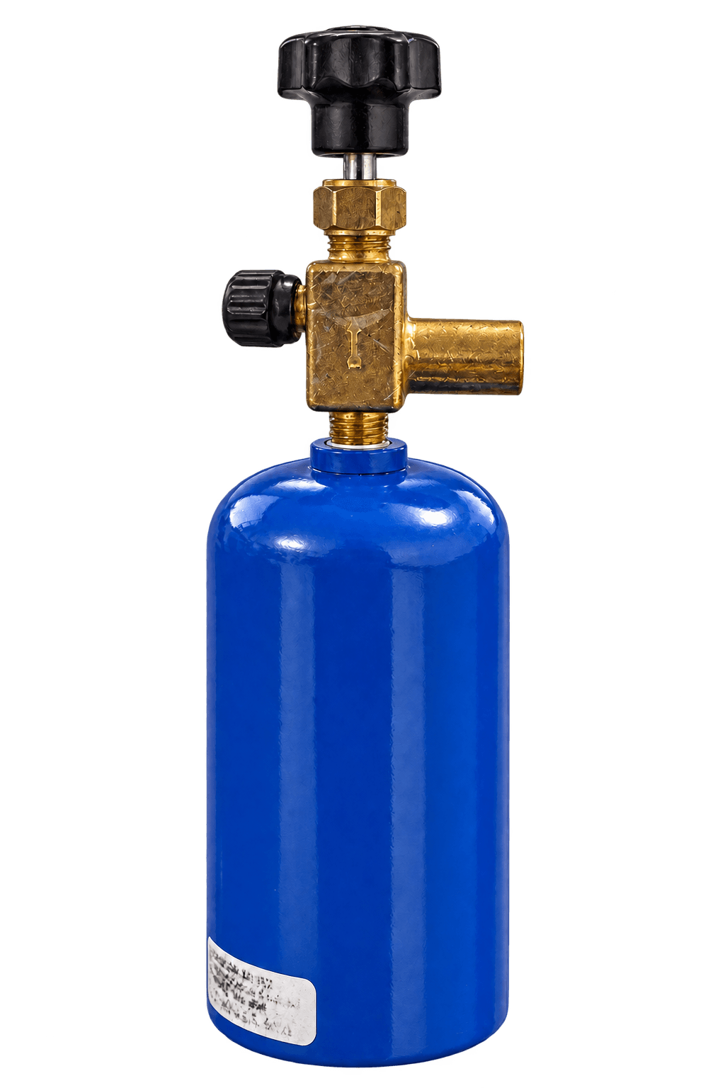 Blue refrigerant sample cylinder with a brass valve and black handwheel